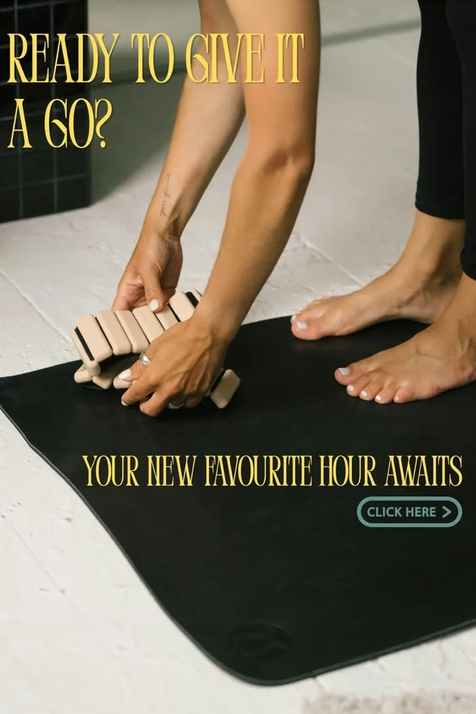 Slide 4: “Ready to give it a go? Your new favourite hour awaits.” with a Click here button, over someone setting up on a mat.