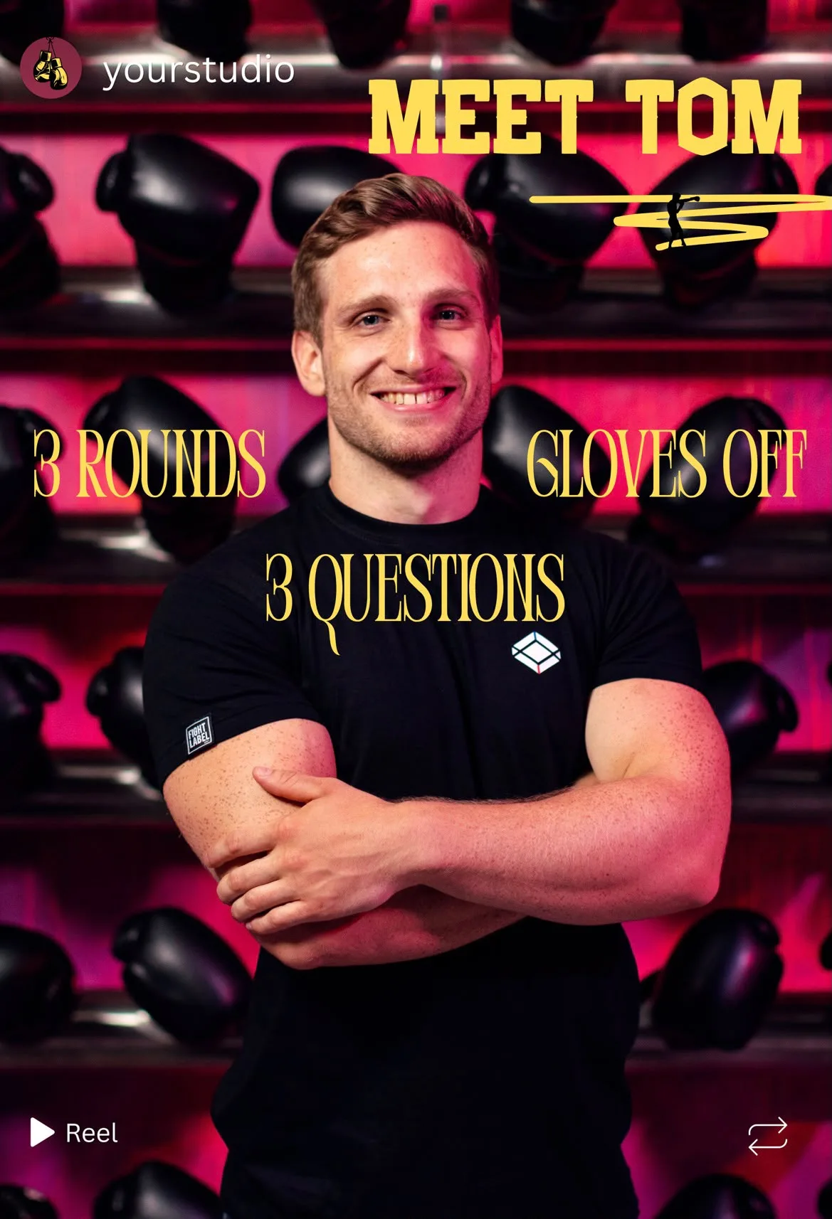Example reel for a boxing gym: “Meet Tom. 3 rounds, gloves off, 3 questions” with a smiling coach in front of rows of boxing gloves.